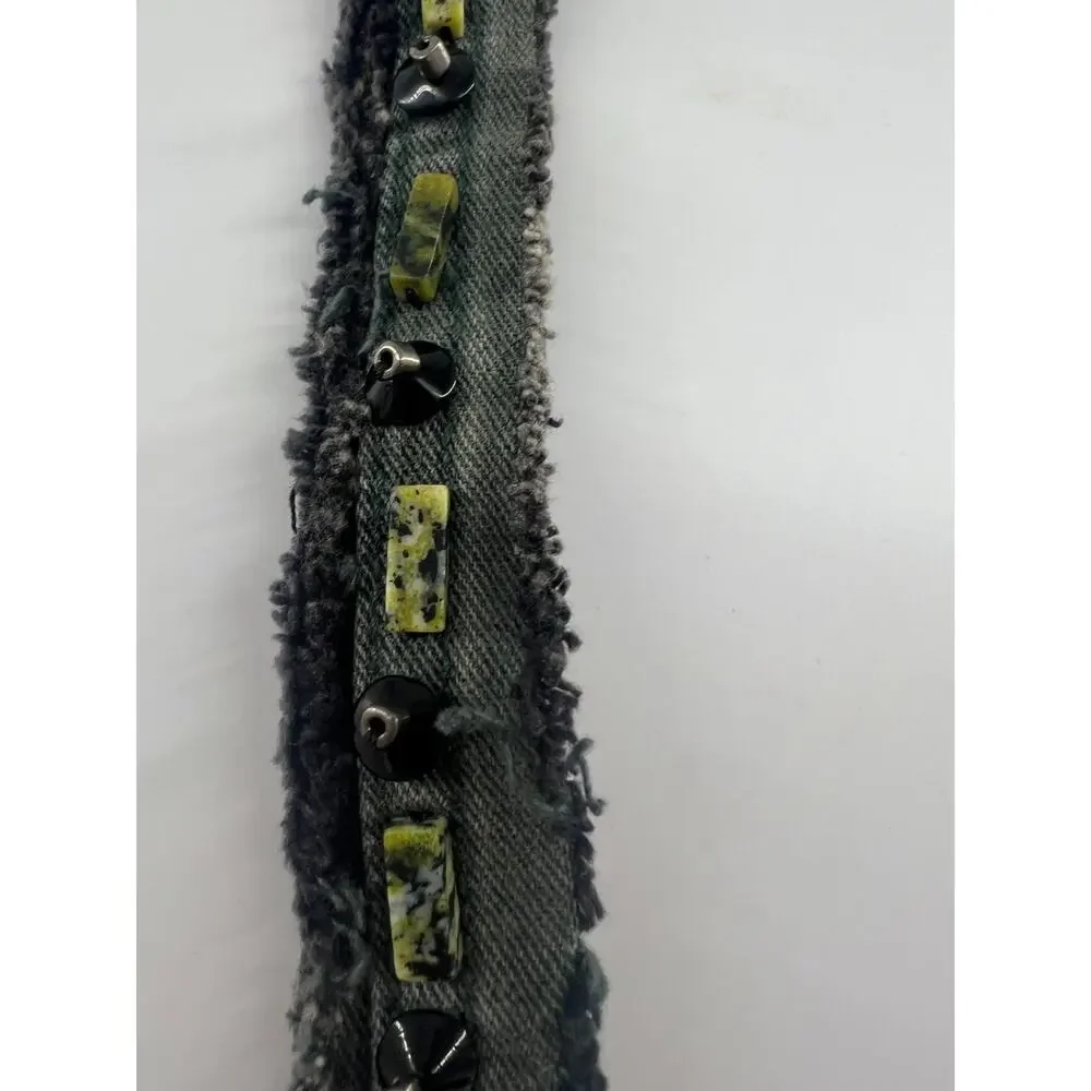 Handmade Denim Jean Black Green Beaded Bracelet Boho Bohemian Indie Button Clasp - Picture 4 of 8